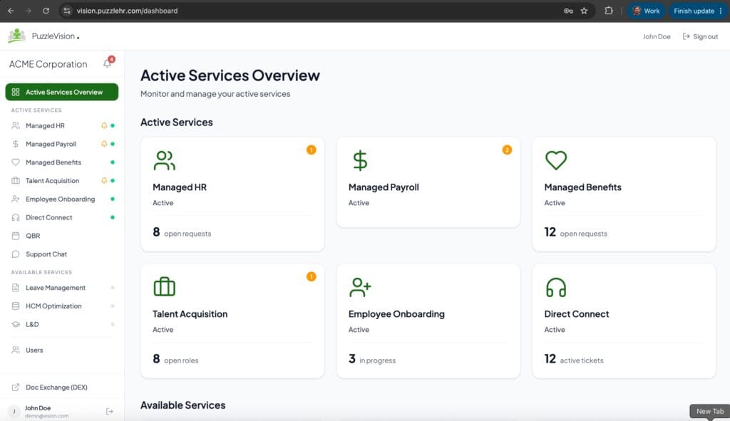 Dashboard of the new PuzzleVision dashboard, allowsing PuzzleHR and clients to review their HR initiatives