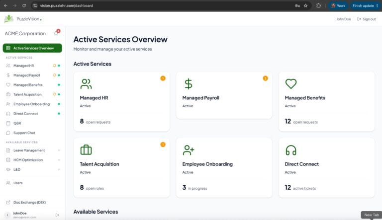 Dashboard of the new PuzzleVision dashboard, allowsing PuzzleHR and clients to review their HR initiatives